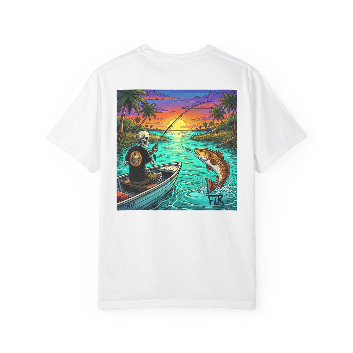 FLR Sunrise Spots Unisex Fishing T-Shirt - Florida Redfish LLC Vivid Art Tee detail view