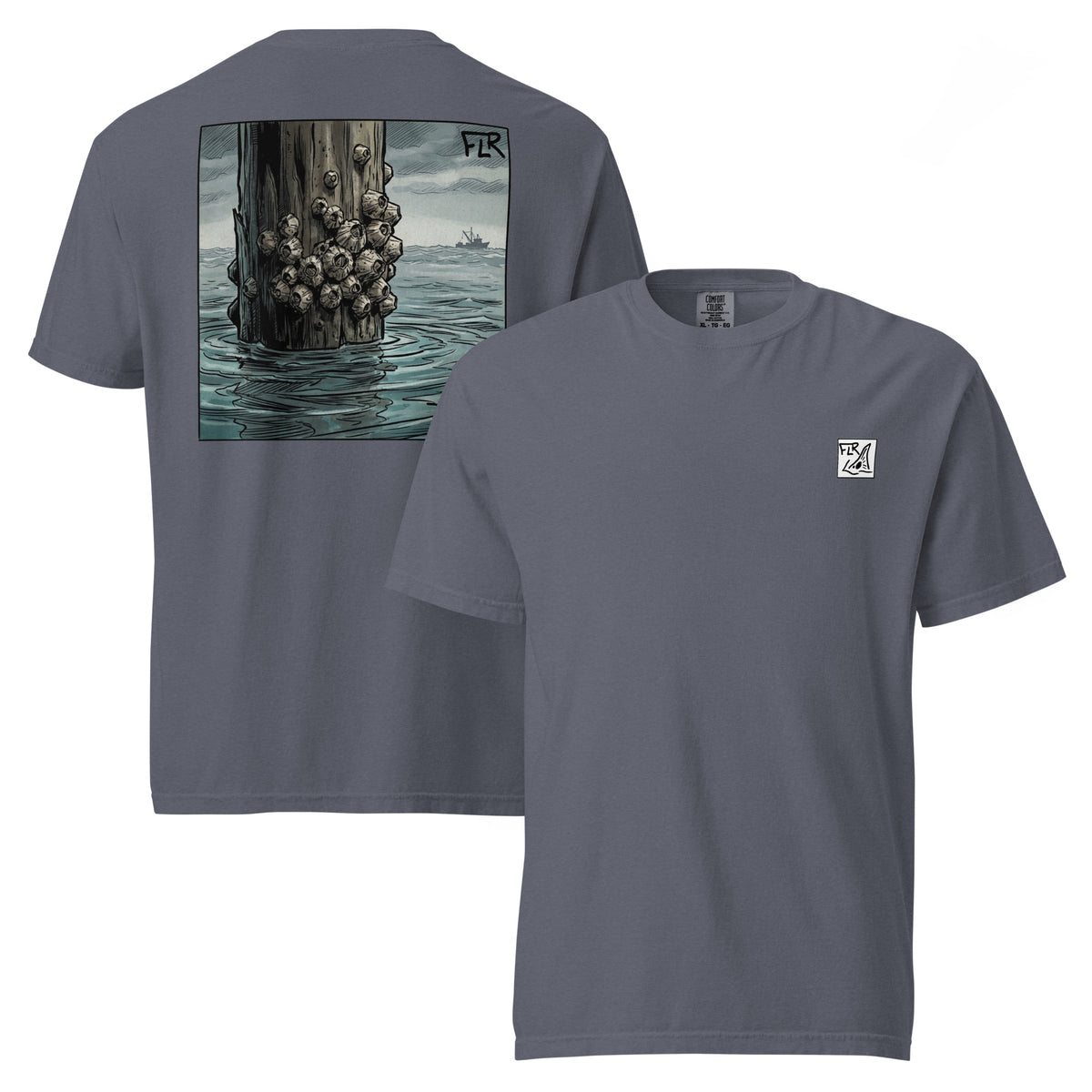 Barnacles unisex garment-dyed fishing t-shirt grey black charcoal blue FLR barnacle dock piling coastal graphic