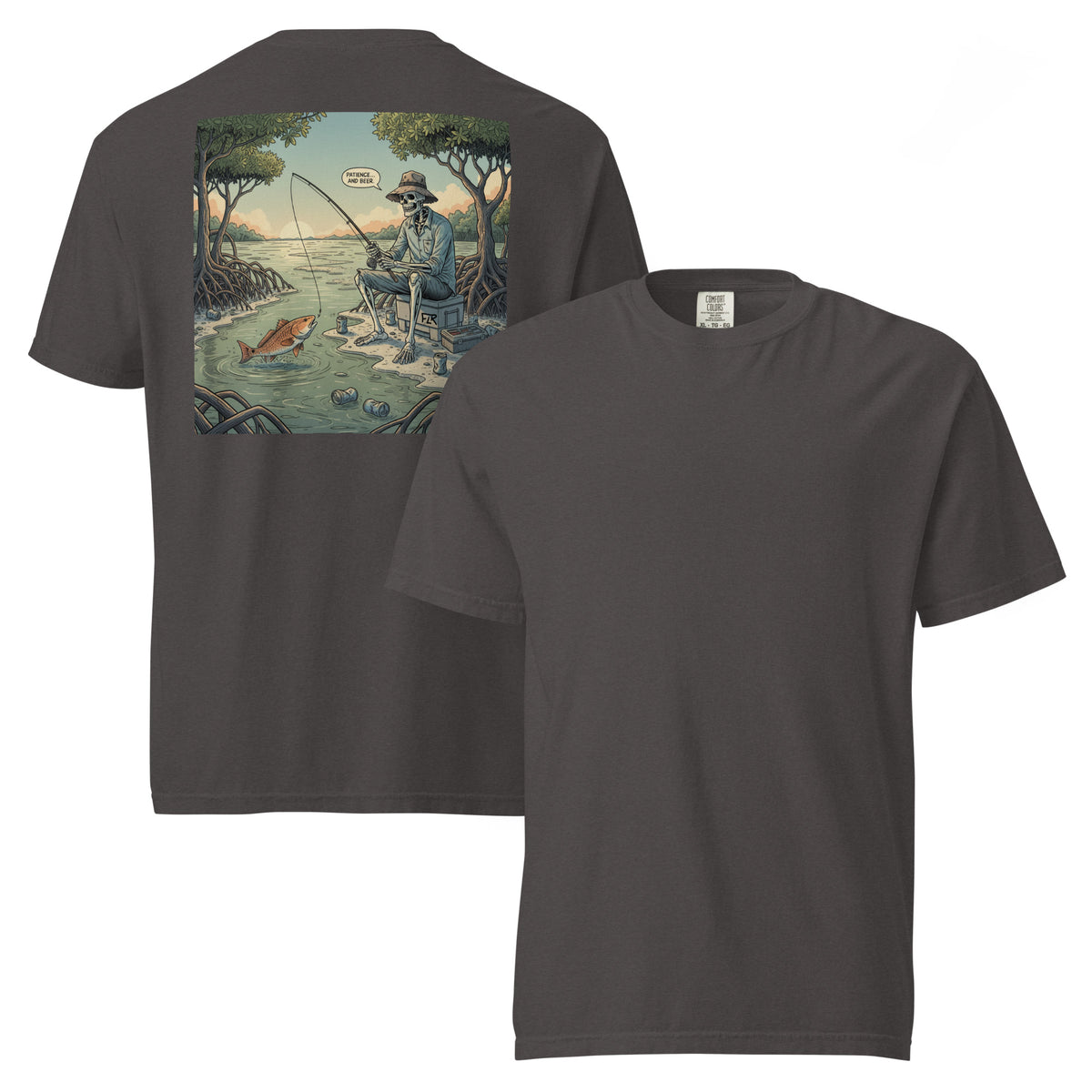 Patience And Beer Unisex Fishing T-Shirt - Florida Redfish LLC Funny Fishing Tee detail view