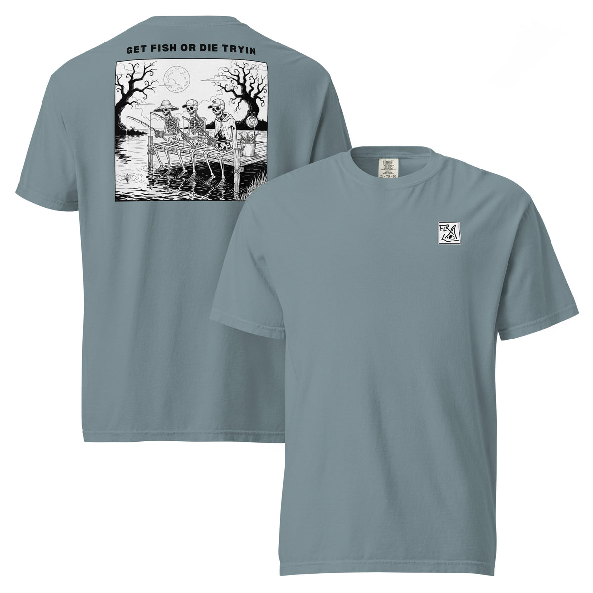 Get Fish Or Die Tryin unisex garment-dyed fishing t-shirt blue grey FLR graphic Florida Redfish LLC