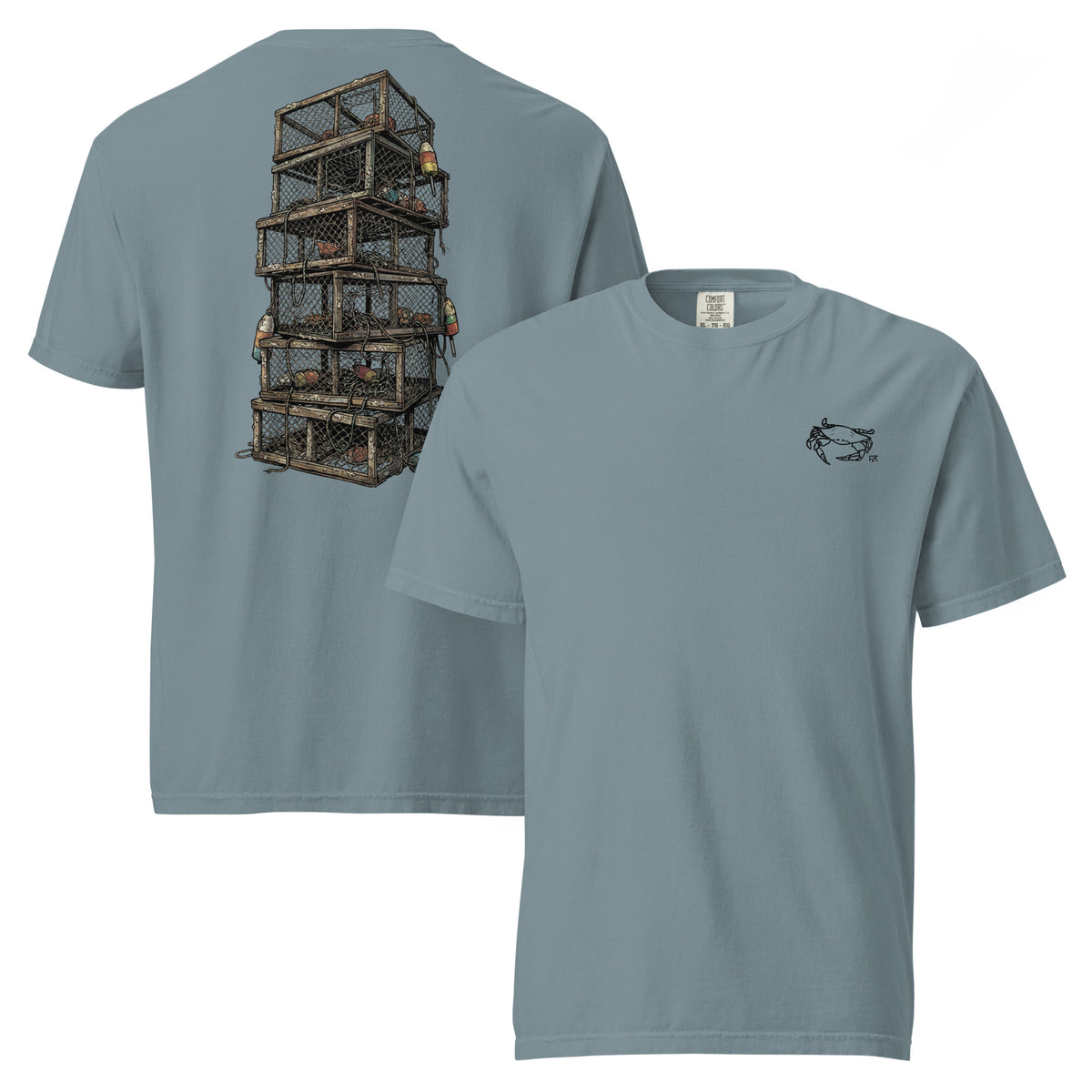 Crab Traps unisex garment-dyed fishing t-shirt blue grey teal sage white FLR crab trap stack illustration