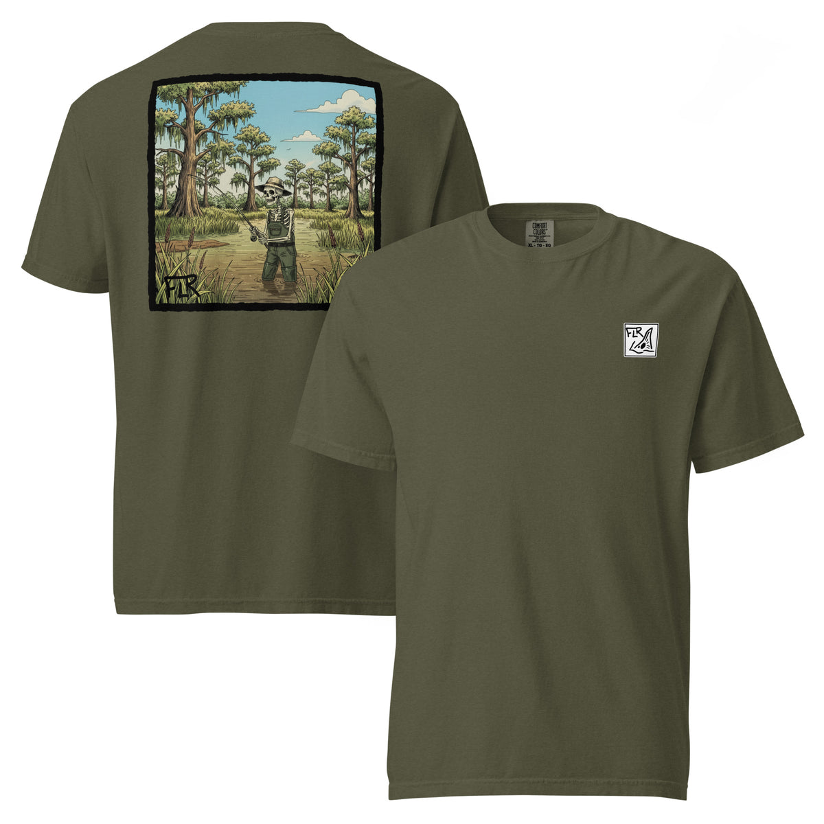 Knee Deep unisex garment-dyed fishing t-shirt olive khaki FLR wading marsh scene graphic