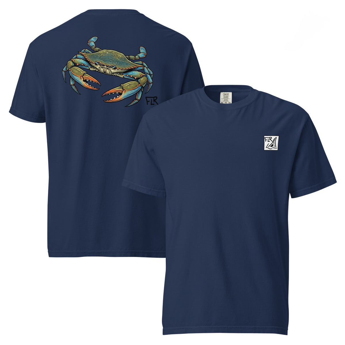 Blue Crab unisex garment-dyed fishing t-shirt navy black blue olive grey FLR full-color blue crab illustration