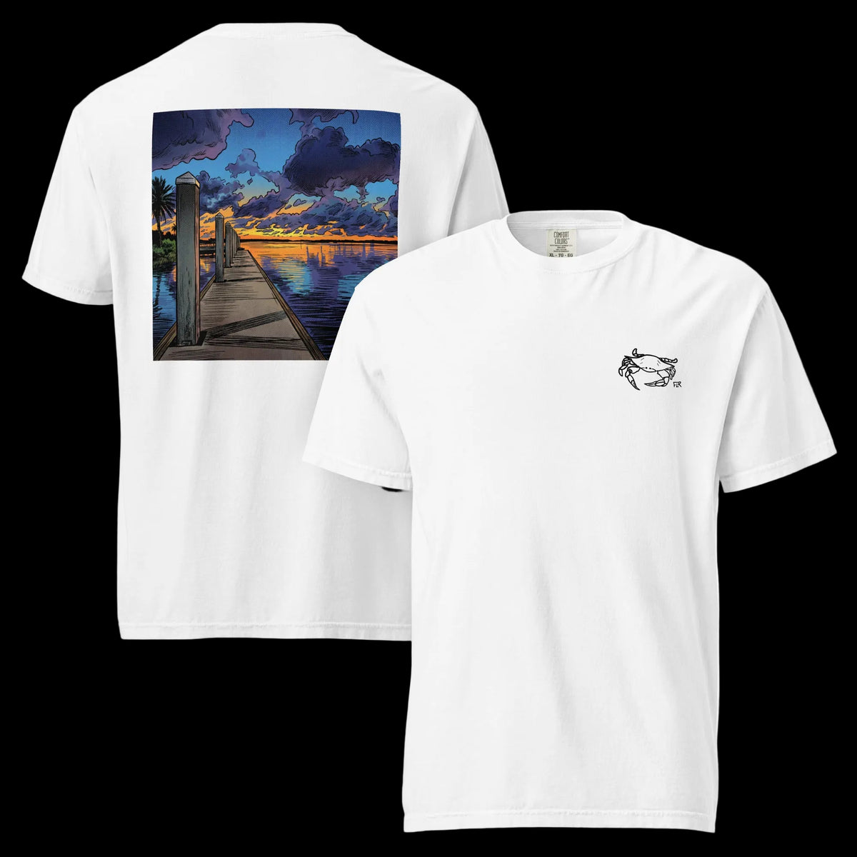 Dock Views unisex garment-dyed fishing t-shirt white Florida Redfish LLC dock scene graphic