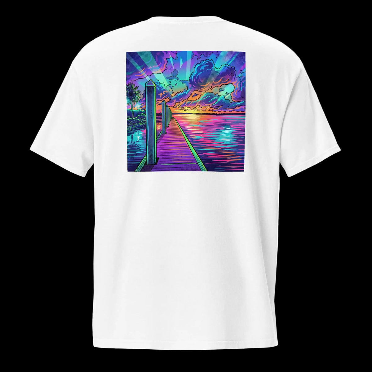 Dock Views Neon unisex pocket tee white garment-dyed FLR neon dock scene graphic Florida Redfish LLC