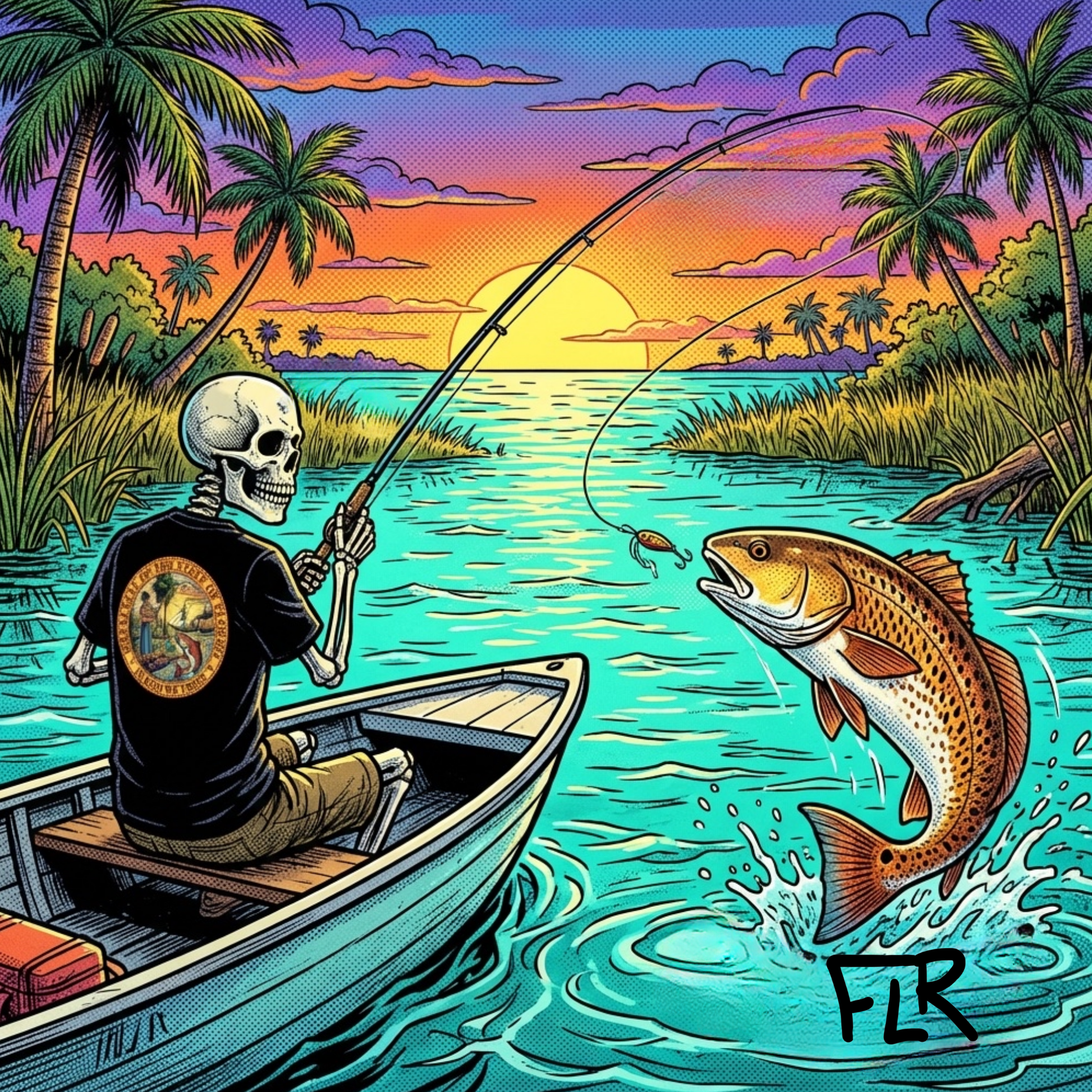 FLR Sunrise Spots Unisex Fishing T-Shirt - Florida Redfish LLC Vivid Art Tee detail view