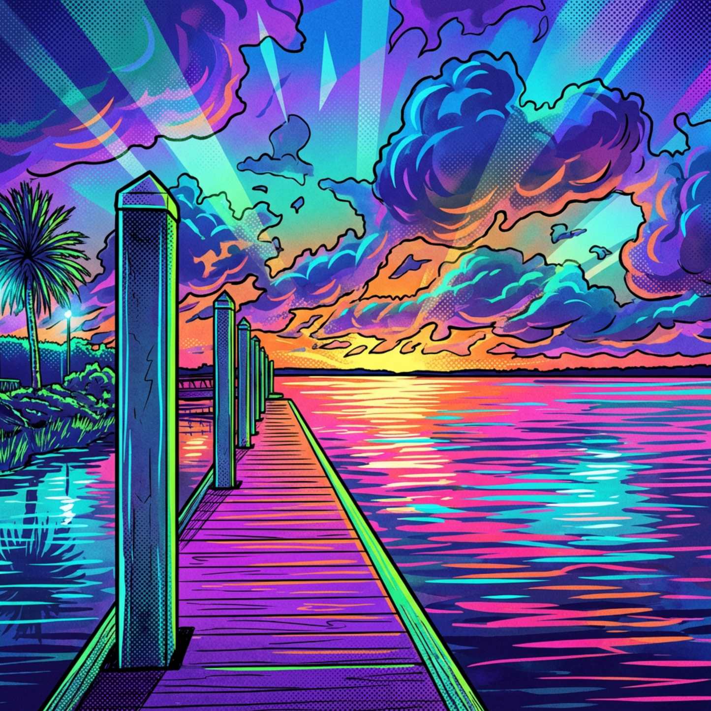 Dock Views Neon Unisex Pocket Tee - Florida Redfish LLC detail view