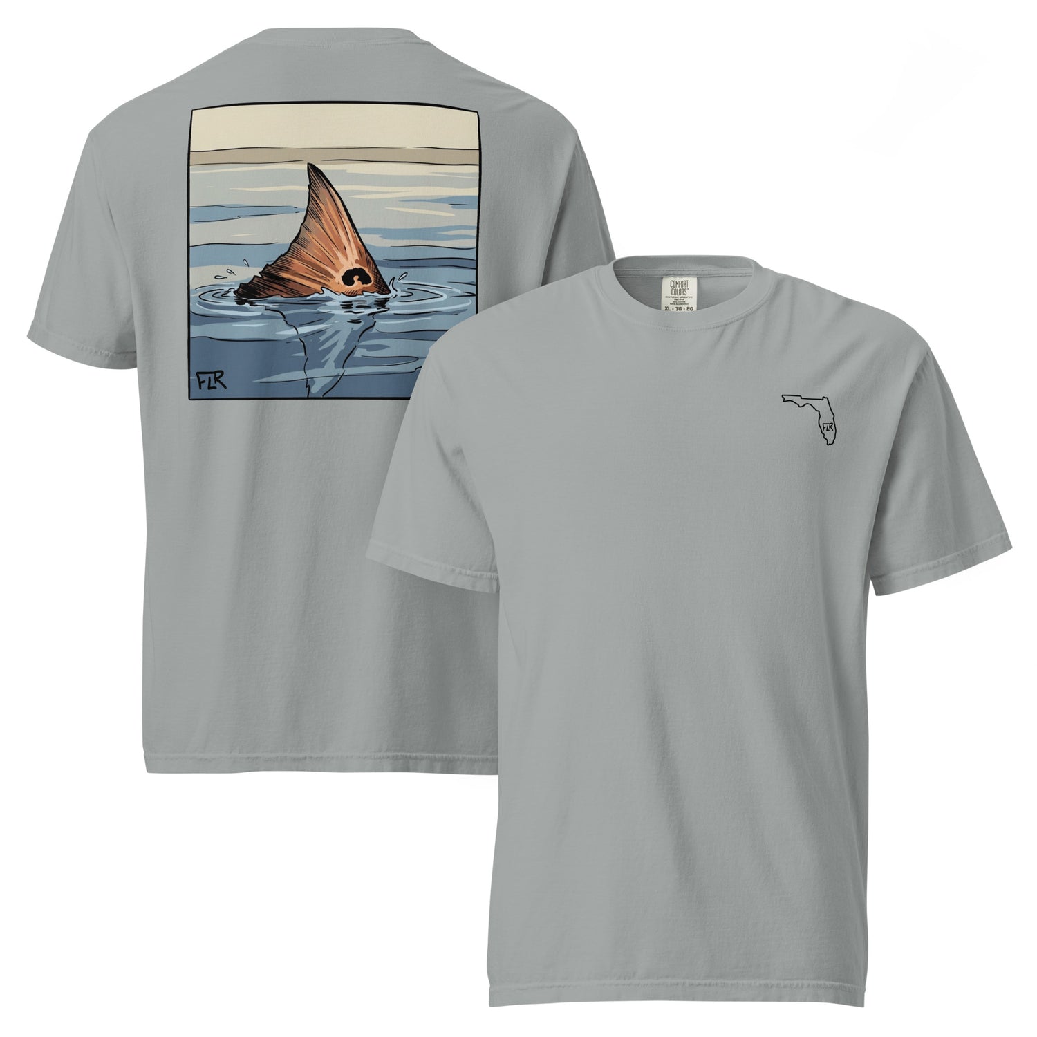 Red Fin unisex garment-dyed fishing t-shirt black navy blue brown olive orange FLR redfish fin golden hour graphic